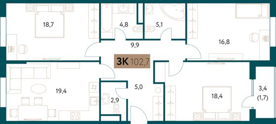 102,7 м², 4-комн. квартира, 4/28 этаж