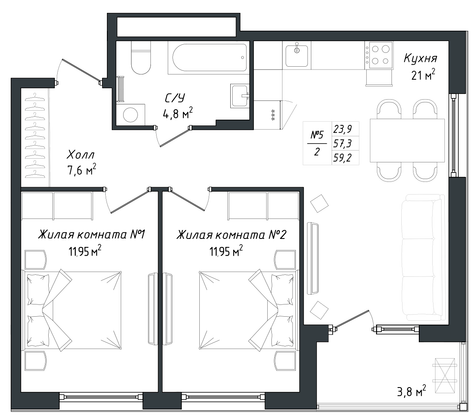 59,2 м², 2-комн. квартира, 1/18 этаж