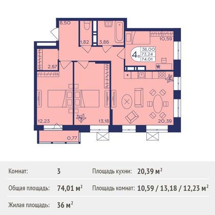 Продажа 3-комнатной квартиры 74 м², 3/21 этаж