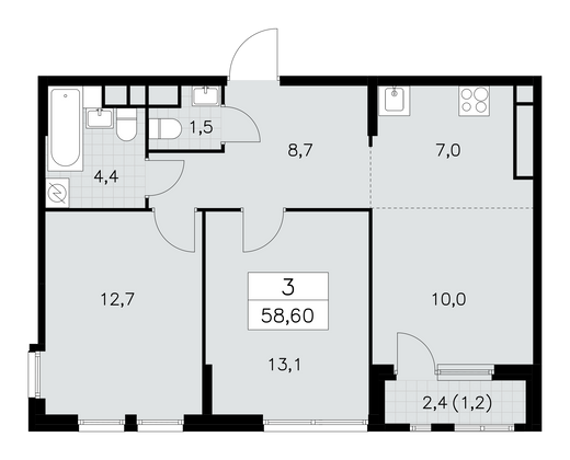 58,6 м², 3-комн. квартира, 26/30 этаж