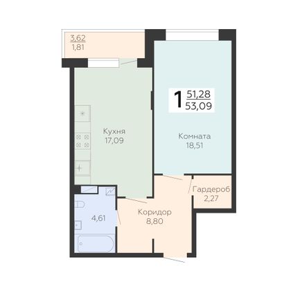 Продажа 1-комнатной квартиры 53,1 м², 7/24 этаж