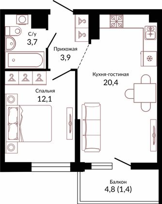 41,5 м², 1-комн. квартира, 5/22 этаж