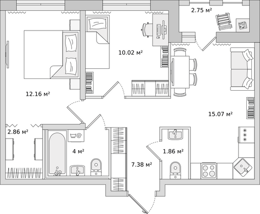 53,3 м², 2-комн. квартира, 16/17 этаж