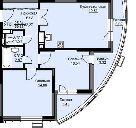 Продажа 2-комнатной квартиры 62,3 м², 12/17 этаж