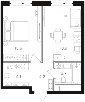 39,5 м², 1-комн. квартира, 4/12 этаж