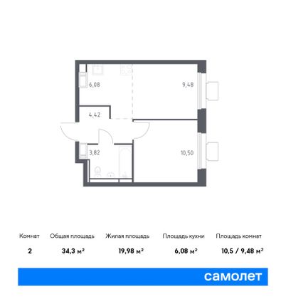 34,3 м², 2-комн. квартира, 17/17 этаж