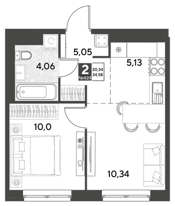 Продажа 2-комнатной квартиры 34,6 м², 6/21 этаж