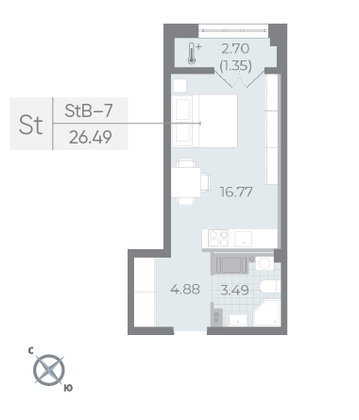 Продажа квартиры-студии 26,5 м², 7/8 этаж