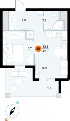 42 м², 1-комн. квартира, 4/6 этаж