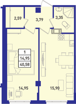 Продажа 1-комнатной квартиры 39,9 м², 14/18 этаж