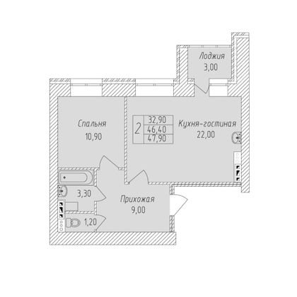 Продажа 2-комнатной квартиры 47,9 м², 1 этаж