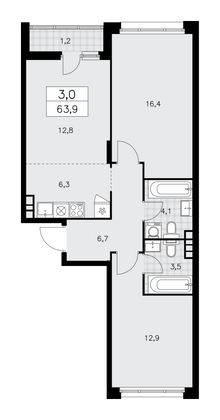 63,9 м², своб. планировка, 10/15 этаж