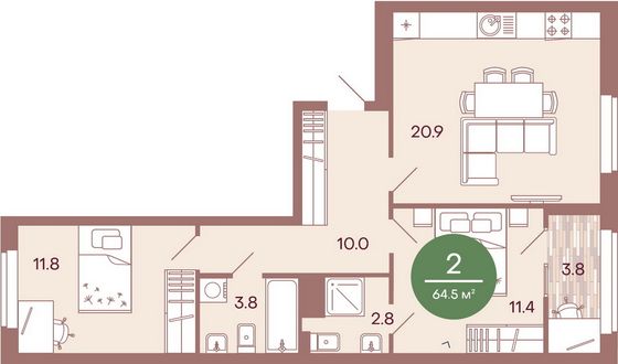 Продажа 2-комнатной квартиры 64,5 м², 2/17 этаж