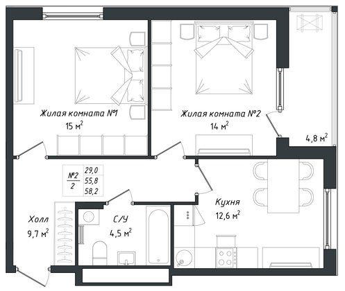 Продажа 2-комнатной квартиры 58,2 м², 1/18 этаж