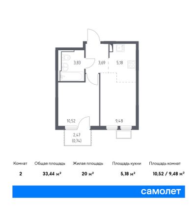 33,4 м², 1-комн. квартира, 9/14 этаж