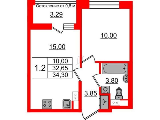 Продажа 1-комнатной квартиры 32,7 м², 3/12 этаж