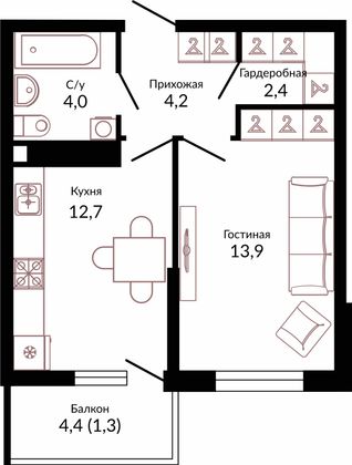 38,5 м², 1-комн. квартира, 1/22 этаж