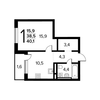 40,1 м², 1-комн. квартира, 14/14 этаж