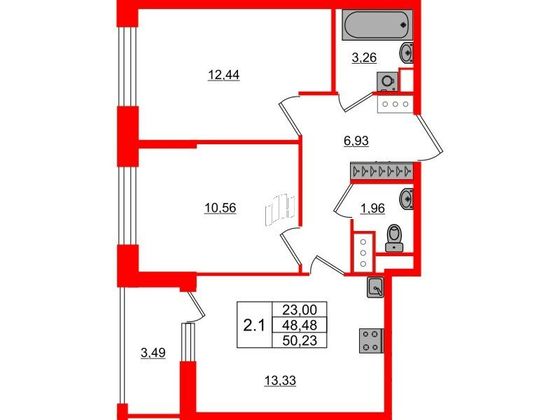 Продажа 2-комнатной квартиры 48,5 м², 6/23 этаж