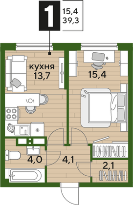 Продажа 1-комнатной квартиры 39,3 м², 14/19 этаж