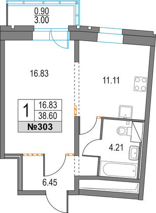 38,6 м², 1-комн. квартира, 2/25 этаж