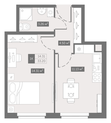 33,2 м², 1-комн. квартира, 8/11 этаж