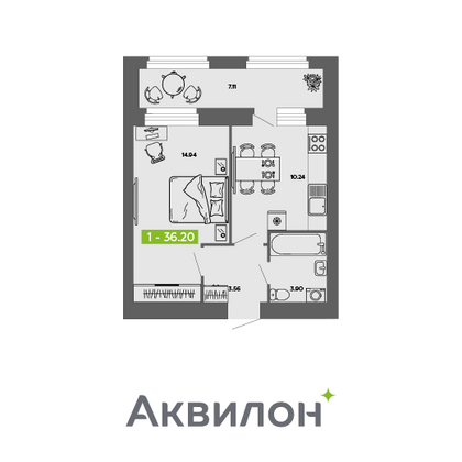 36,2 м², 1-комн. квартира, 1/11 этаж