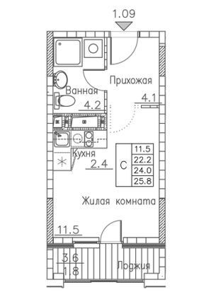 25,8 м², студия, 15/19 этаж