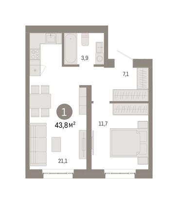43,8 м², 1-комн. квартира, 6/16 этаж