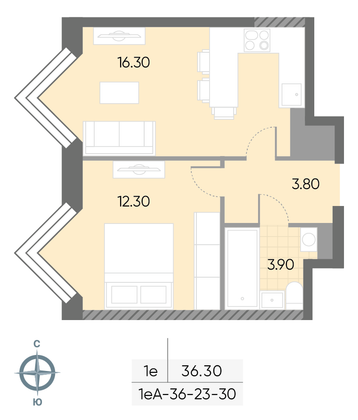Продажа 1-комнатной квартиры 36,3 м², 30/30 этаж