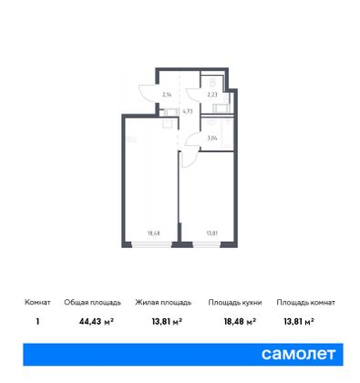 44,4 м², 1-комн. квартира, 2/11 этаж