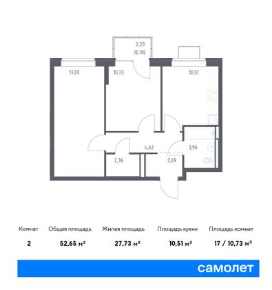 52,7 м², 2-комн. квартира, 6/12 этаж