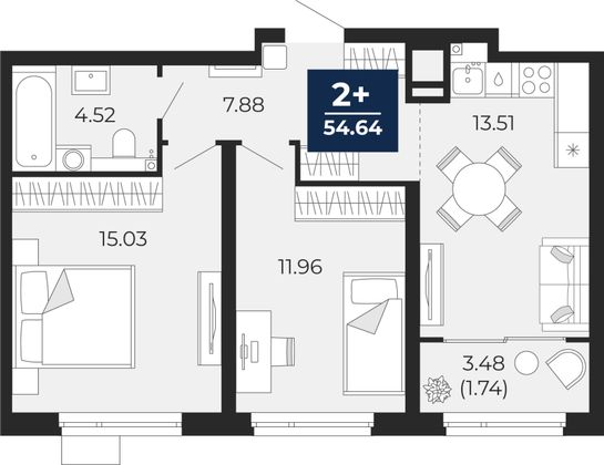 54,6 м², 2-комн. квартира, 13/22 этаж