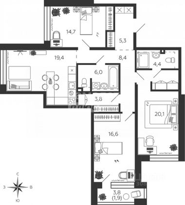 Продажа 3-комнатной квартиры 103,3 м², 3/11 этаж