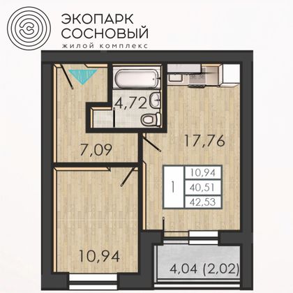 42,5 м², 1-комн. квартира, 1/4 этаж