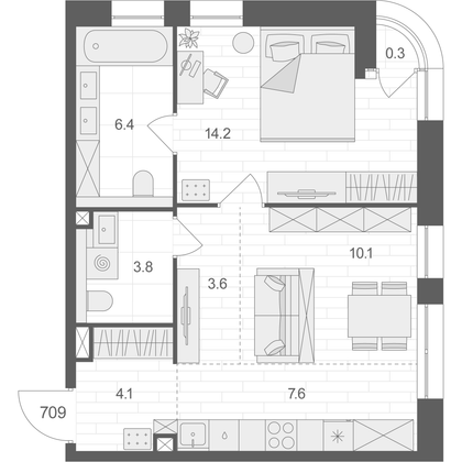 50 м², 1-комн. квартира, 7/12 этаж