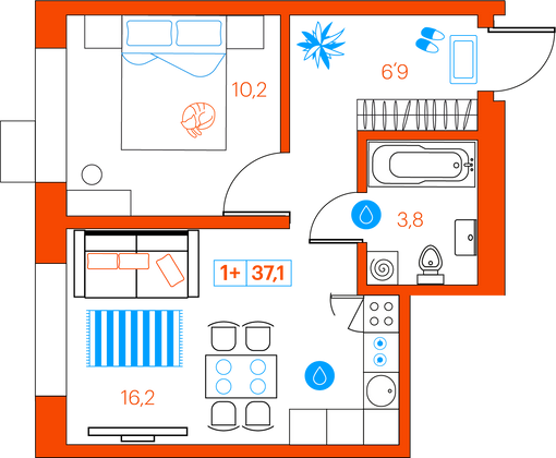 37,1 м², 1-комн. квартира, 12/21 этаж