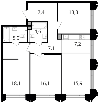 94,7 м², 3-комн. квартира, 9/25 этаж