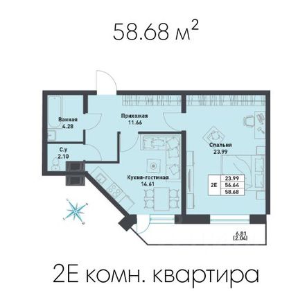 Продажа 1-комнатной квартиры 58,4 м², 8/11 этаж