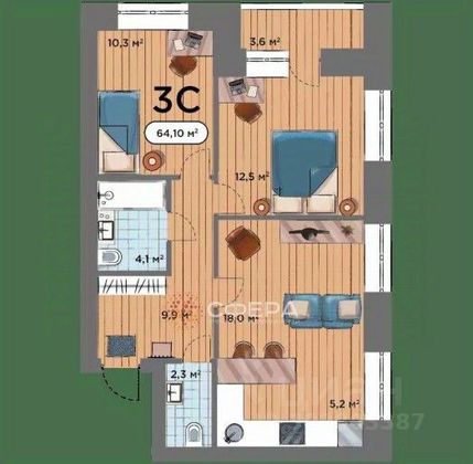 Продажа 3-комнатной квартиры 63 м², 7/15 этаж