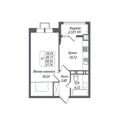 Продажа 1-комнатной квартиры 37,8 м², 4/8 этаж