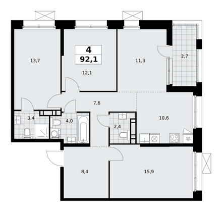 92,1 м², своб. планировка, 18/21 этаж