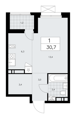 30,7 м², своб. планировка, 11/12 этаж