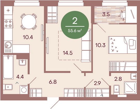 Продажа 2-комнатной квартиры 55,6 м², 2/17 этаж