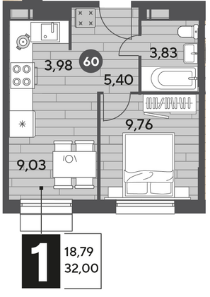 Продажа 1-комнатной квартиры 32 м², 9/9 этаж