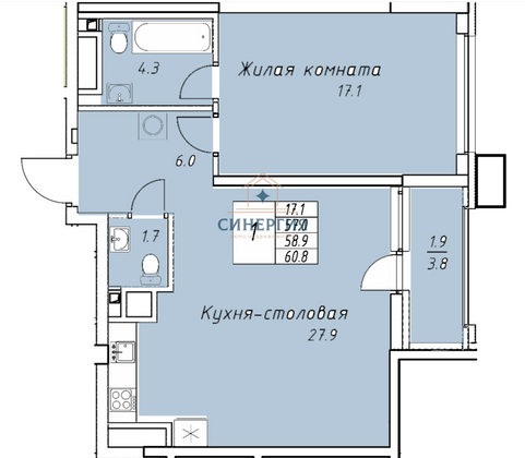 Продажа 1-комнатной квартиры 59 м², 6/13 этаж