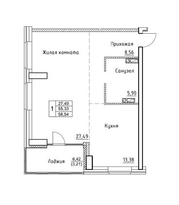 58,5 м², 2-комн. квартира, 8/17 этаж