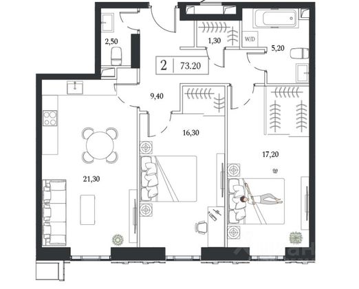 Продажа 2-комнатной квартиры 73,2 м², 5/24 этаж