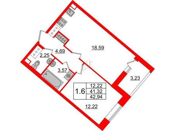 Продажа 1-комнатной квартиры 41,3 м², 12/18 этаж