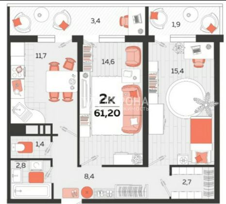 Продажа 2-комнатной квартиры 61,2 м², 9/24 этаж